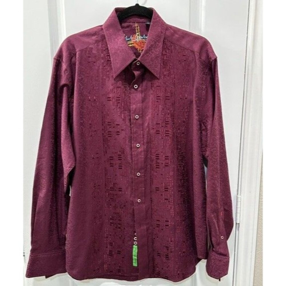 Robert Graham Mens L Burgundy Jacquard Woven Button Up Shirt Flip Cuff  Cotton